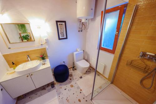 a bathroom with a toilet and a sink and a shower at Kisház in Gárdony
