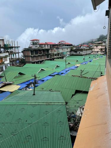 a group of buildings with green roofs and water at Anjali Delux in Kalimpong