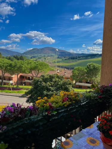 a balcony with a bunch of flowers on it at Iria Chianti Home in Strada