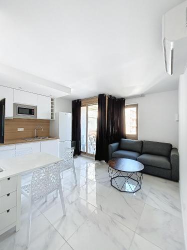 une cuisine et un salon avec un canapé et une table dans l'établissement Résidence Graziella Appartement 527, à Juan-les-Pins