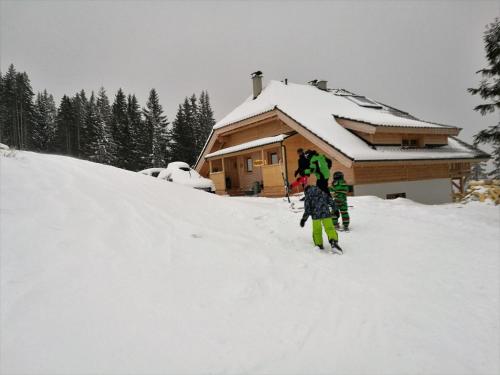 zwei Personen stehen im Schnee vor einer Hütte in der Unterkunft Bergliebe Klippitztörl in Klippitztorl