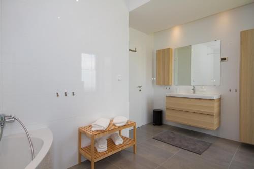 a bathroom with a sink and a tub and a mirror at Modern Villa Anna with outdoor pool in Visnjan in Višnjan