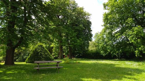 a wooden bench in a park with trees and grass at Le Gavachon in Leboulin