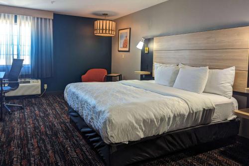 um quarto de hotel com uma cama grande e uma cadeira em La Quinta by Wyndham Woodway - Waco South em Waco