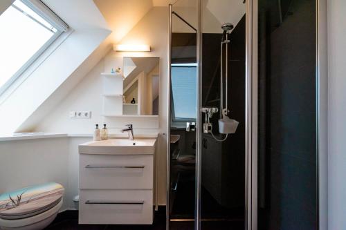 ein Bad mit einem Waschbecken und einer Dusche in der Unterkunft Kleine Buhne in Wenningstedt-Braderup