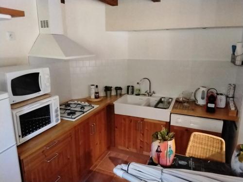 une petite cuisine avec un micro-ondes et un évier dans l'établissement gite millau, à Millau