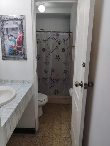a bathroom with a shower with a toilet and a sink at Cuarto por la via españa, con aire in Panama City