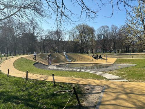 a park with a skateboard ramp in a park at New apartment 6 - self check in, free parking in Bratislava