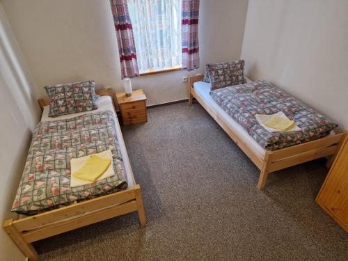 a room with two beds and a window at Pension U Martina in Domažlice