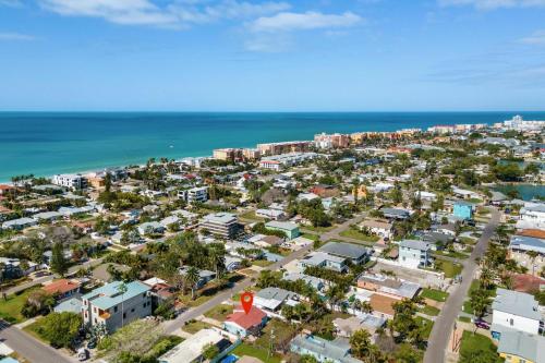 an aerial view of a city and the ocean at Relaxing Bungalow Walkable to the Beach! in St Pete Beach