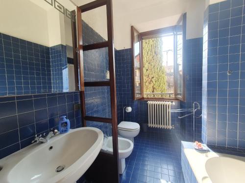 ein blau gefliestes Bad mit WC und Waschbecken in der Unterkunft Casa Preziosa - Salò in Salò