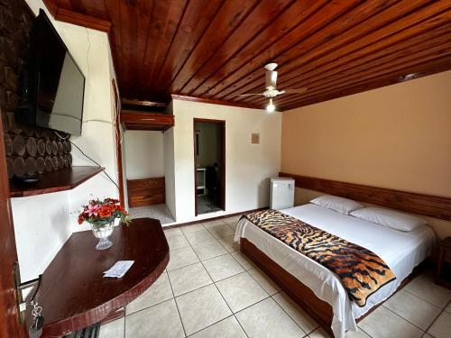 a bedroom with a bed and a table and a television at Pousada Melodia in Nova Friburgo