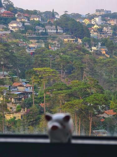a stuffed animal looking out of a window at a mountain at The Luxe Da Lat in Da Lat