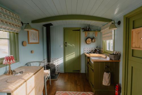 a kitchen with a green door and a sink at Barlwyd Glamping in Blaenau-Ffestiniog