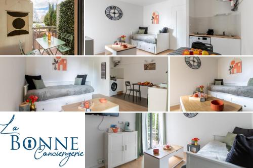 un collage de photos d'une chambre avec lits et tables dans l'établissement Nid douillet * Hyper Centre * Clim * Plage à 5 min * Port à 5 min, à La Grande Motte