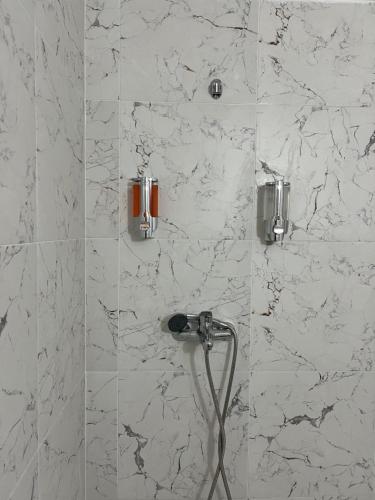 ベラトにあるApartment Villa Virginiaの白い大理石の壁のバスルーム(シャワー付)