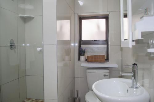 a bathroom with a toilet and a sink and a window at Shark Island Guesthouse in Lüderitz