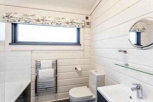 a bathroom with a sink toilet and a window at Roydon Marina - Lodge 1 - Hot Tub in Roydon