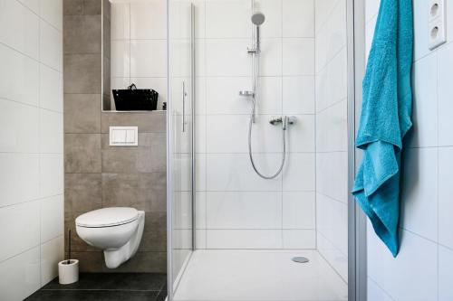 La salle de bains blanche est pourvue d'une douche et de toilettes. dans l'établissement Mühlen-Apartment, à Xanten