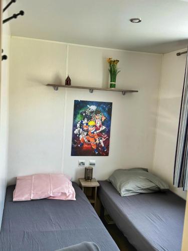 two beds in a room with a painting on the wall at Grand Mobile-Home 6 Places climatisé in Munster