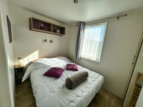 Grand Mobile-Home 6 Places climatisé في مونستر: غرفة نوم مع سرير مع وسائد أرجوانية ونافذة