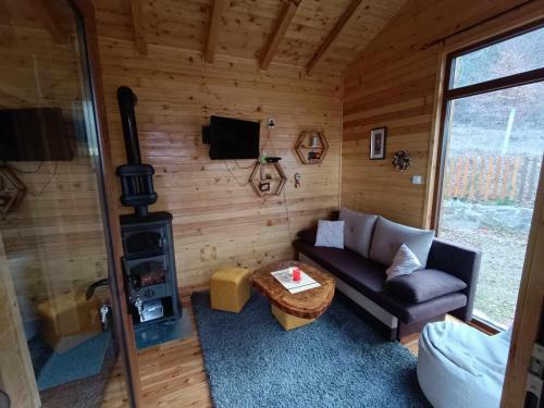 a living room with a couch and a stove at Wooden Mountain Villa in Berovo