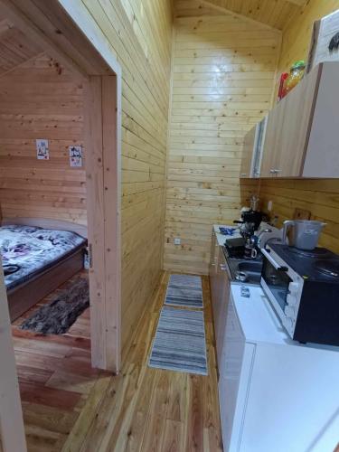 a kitchen with a stove and a bed in a room at Wooden Mountain Villa in Berovo