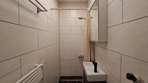 La petite salle de bains est pourvue de toilettes et d'un lavabo. dans l'établissement Appartement de vacances Les Jardins, à Saint-Imier
