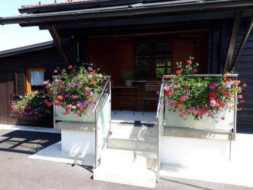 two flower boxes on the front of a house at Ferienhaus Kumpitsch in Sankt Johann im Saggautal