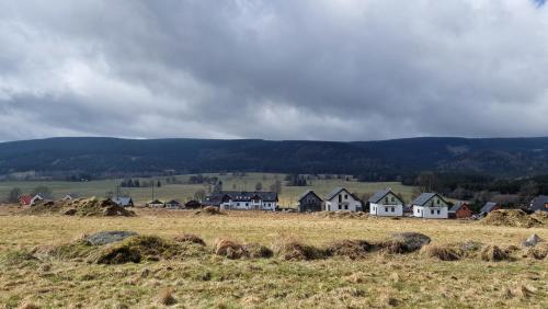 a group of houses on a hill in a field at All Season Lasówka in Lasowka