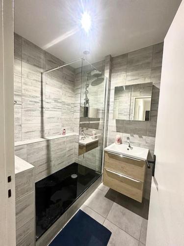 une salle de bain avec un lavabo et une douche dans l'établissement F3 spacieux au centre ville, à Saint-Étienne