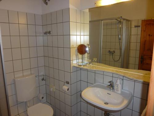 ein Badezimmer mit einem Waschbecken, einem WC und einem Spiegel in der Unterkunft Akzent Hotel Zur Wasserburg - Hotel Garni bed & breakfast in Harpstedt