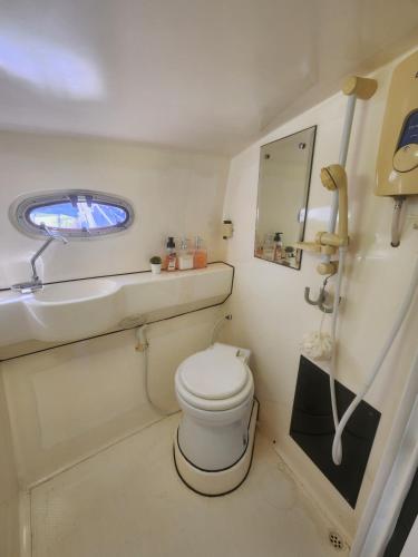 a small bathroom with a toilet and a sink at A special 24 hours yacht stay in Manama