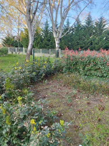 a garden with a fence and flowers in a field at Beach Home Apartman in Balatonfüred