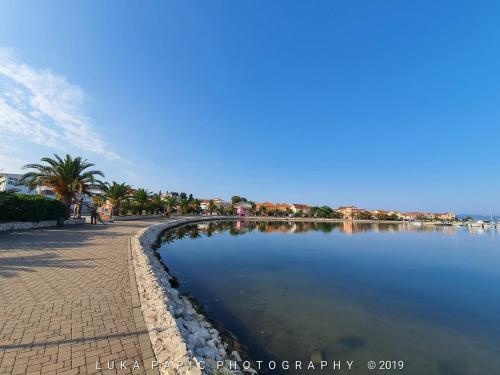 a body of water with palm trees and buildings at Kuća za odmor M & M in Bibinje