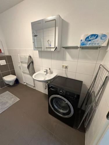 a bathroom with a washing machine and a sink at Villa Emi in Lutherstadt Eisleben