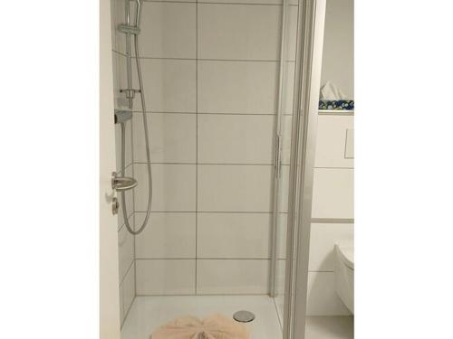 a bathroom with a shower with a glass door at Holiday apartment Waterdelle in Borkum