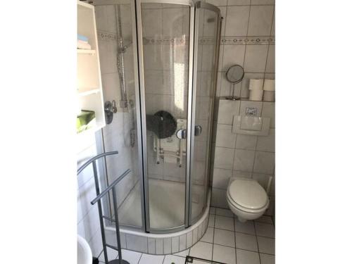 La salle de bains est pourvue d'une douche et de toilettes. dans l'établissement Holiday home Big Lady, à Wettringen