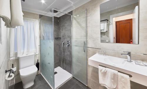 a bathroom with a shower and a toilet and a sink at Hotel Rico in Luarca