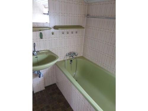 uma casa de banho com uma banheira verde e um lavatório em Dream view of Hennesee em Meschede