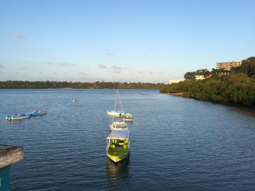 a green and white boat on a river at Tudor Water Sports Hotel in Mombasa