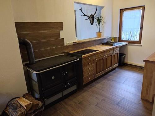 a kitchen with a stove and a counter top at Holiday home Waldhaus Edelweiss in Scheßlitz
