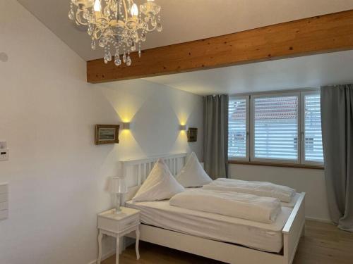 a bedroom with a white bed and a chandelier at Holiday apartment Seeloft in Konstanz