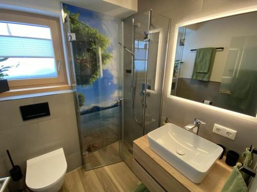 a bathroom with a toilet and a sink and a shower at with private garden and mountain views in Oy-Mittelberg