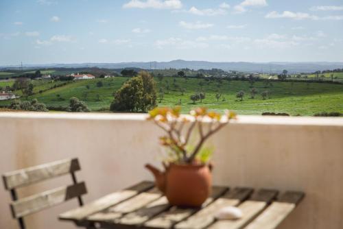 a table with a potted plant on top of a balcony at Costa Vicentina cottage with a view in Cercal