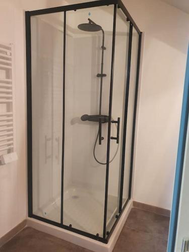 une douche avec une porte vitrée dans une salle de bain dans l'établissement Appartement central, à Nyons