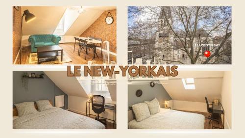 un collage di tre immagini di una camera con due letti di Le New-Yorkais - Quartier historique - 4 pers. a Troyes