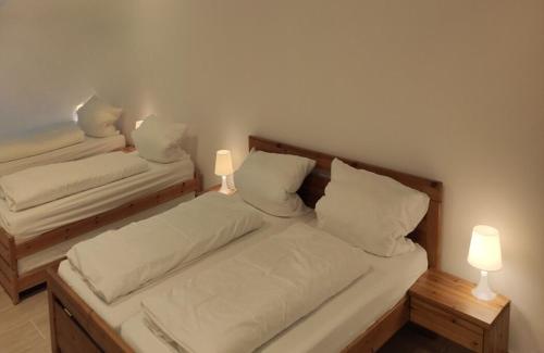 twee bedden in een kamer met twee lampen erop bij Eleonoras Ferienwohnung in Würzburg Stadt inklusive eigenen Parkplätzen vor der Tür in Würzburg