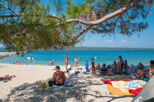 a group of people sitting on a beach at House ROSSELLA with cozy apartment and rooms close to the beach in Nerezine