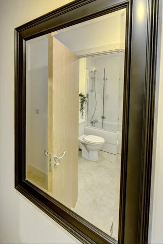 a bathroom with a toilet and a mirror at Lovely Flat In Kiln Close With Free Parking in Gloucester